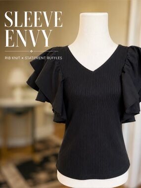 Haute Monde Women’s Black Ruffle Sleeve V-Neck Top